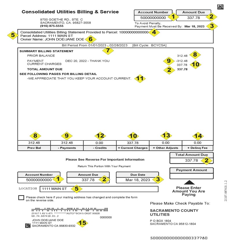 Sample bill page 1 with different elements of the bill marked with yellow diamonds