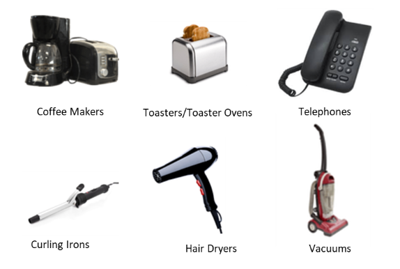 Coffee makers, toasters and toaster ovens, telephones, curling irons, hair dryers, vacuum cleaners