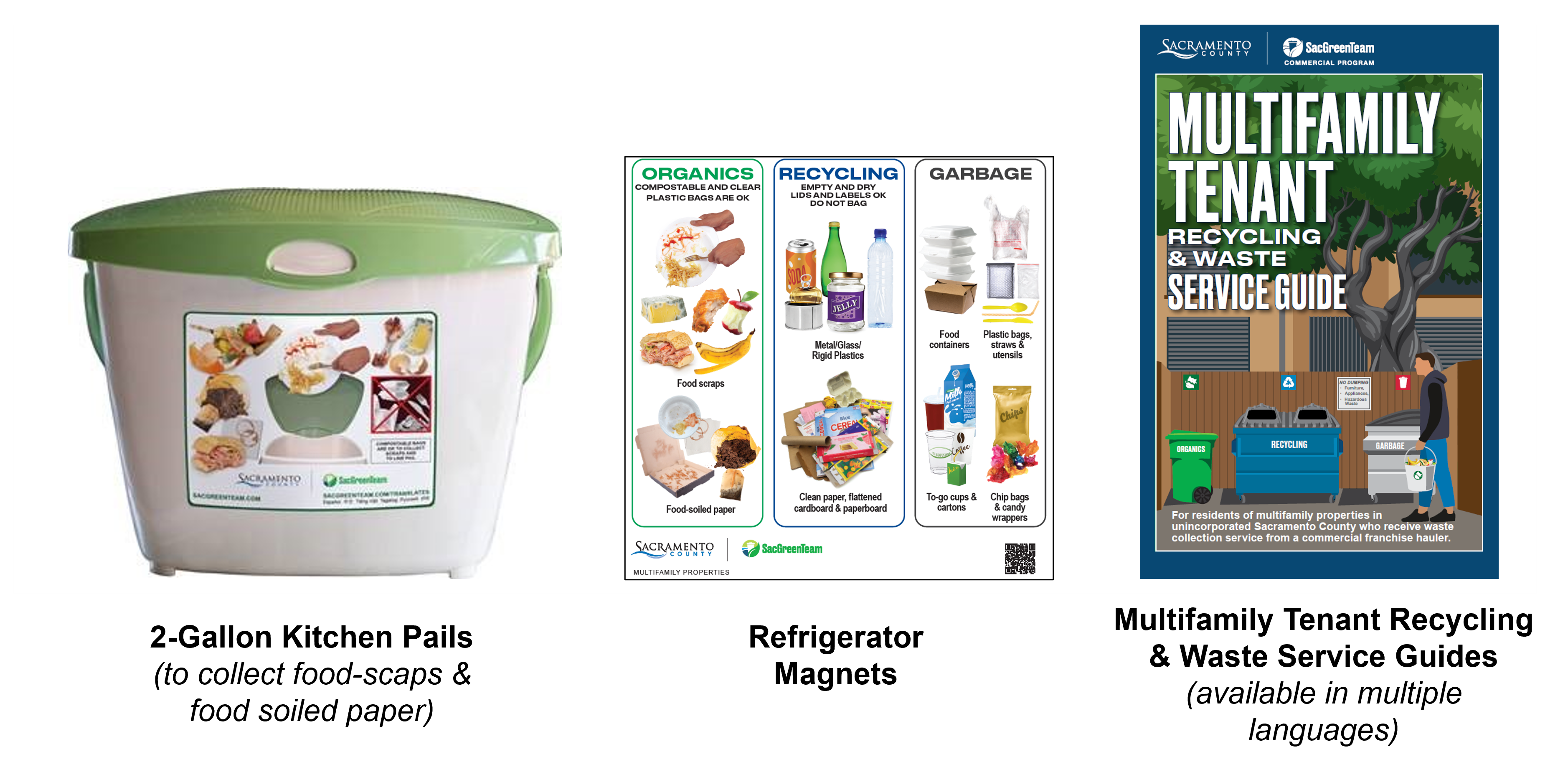 2-Gallon Kitchen Pails, Refrigerator Magnets, Multifamily Tenant Recycling & Waste Service Guides