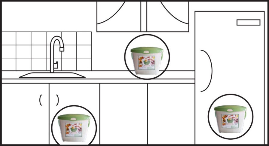 Store kitchen container in a convenient location (under sink, on the countertop, or in the refrigerator or freezer).