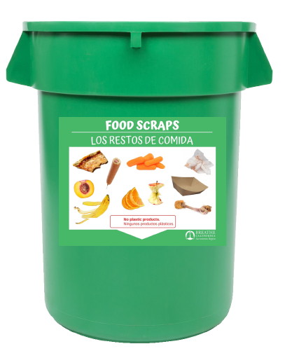 Green Food Scraps Container with signage affixed