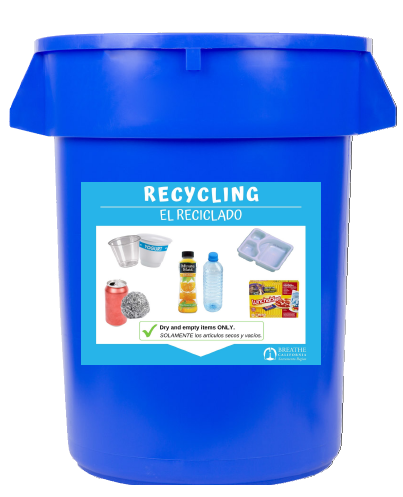 Blue Recycling Container with signage afficed