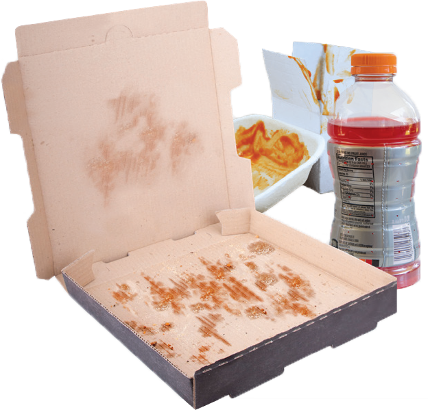 Food soiled take out container, greasy pizza box, and beverage bottle filled with liquid image.