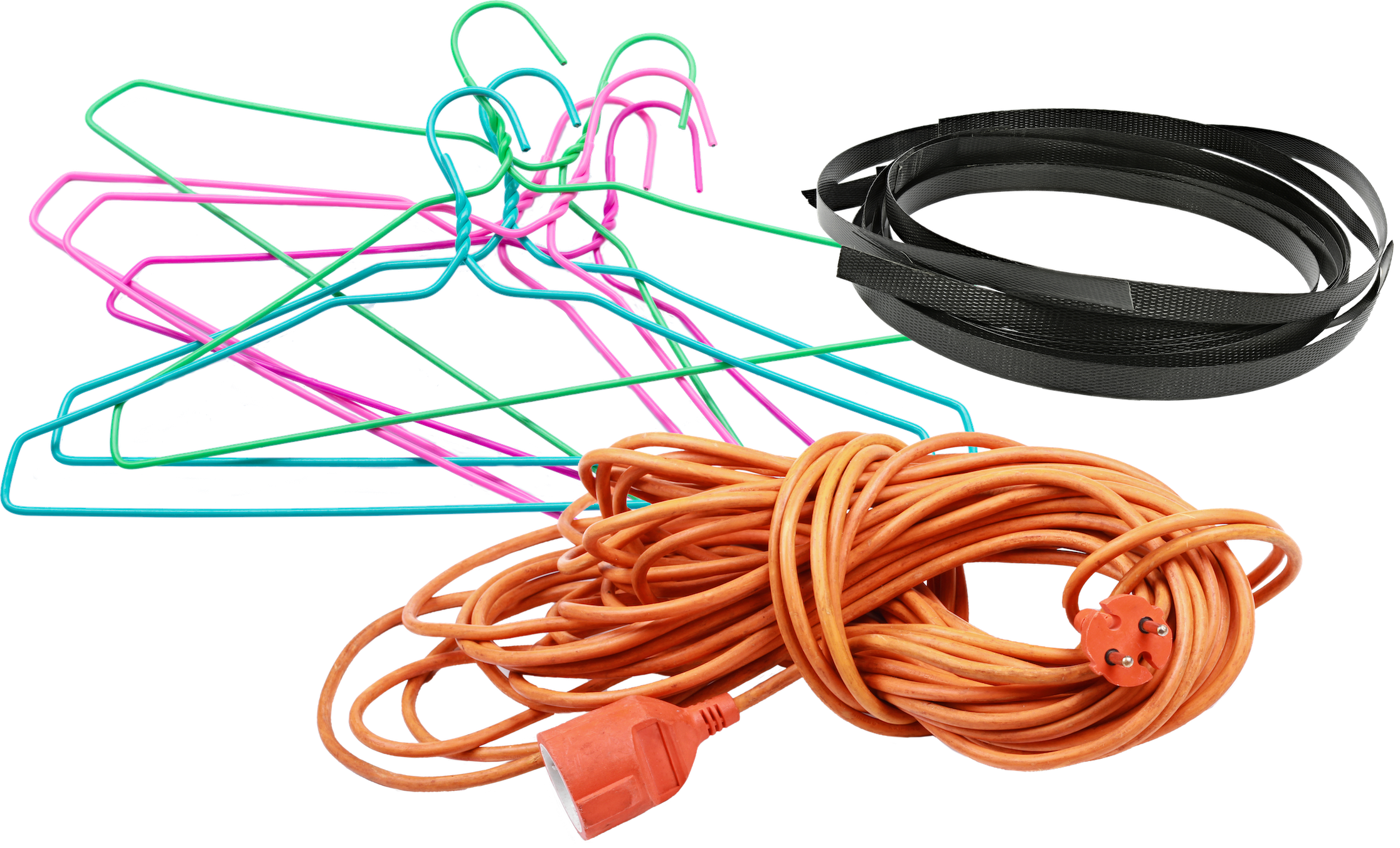 Hangers, electrical cords, plastic packaging straps image