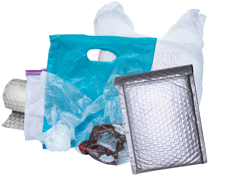 Padded plastic envelopes, plastics bags, and plastic wrap image.