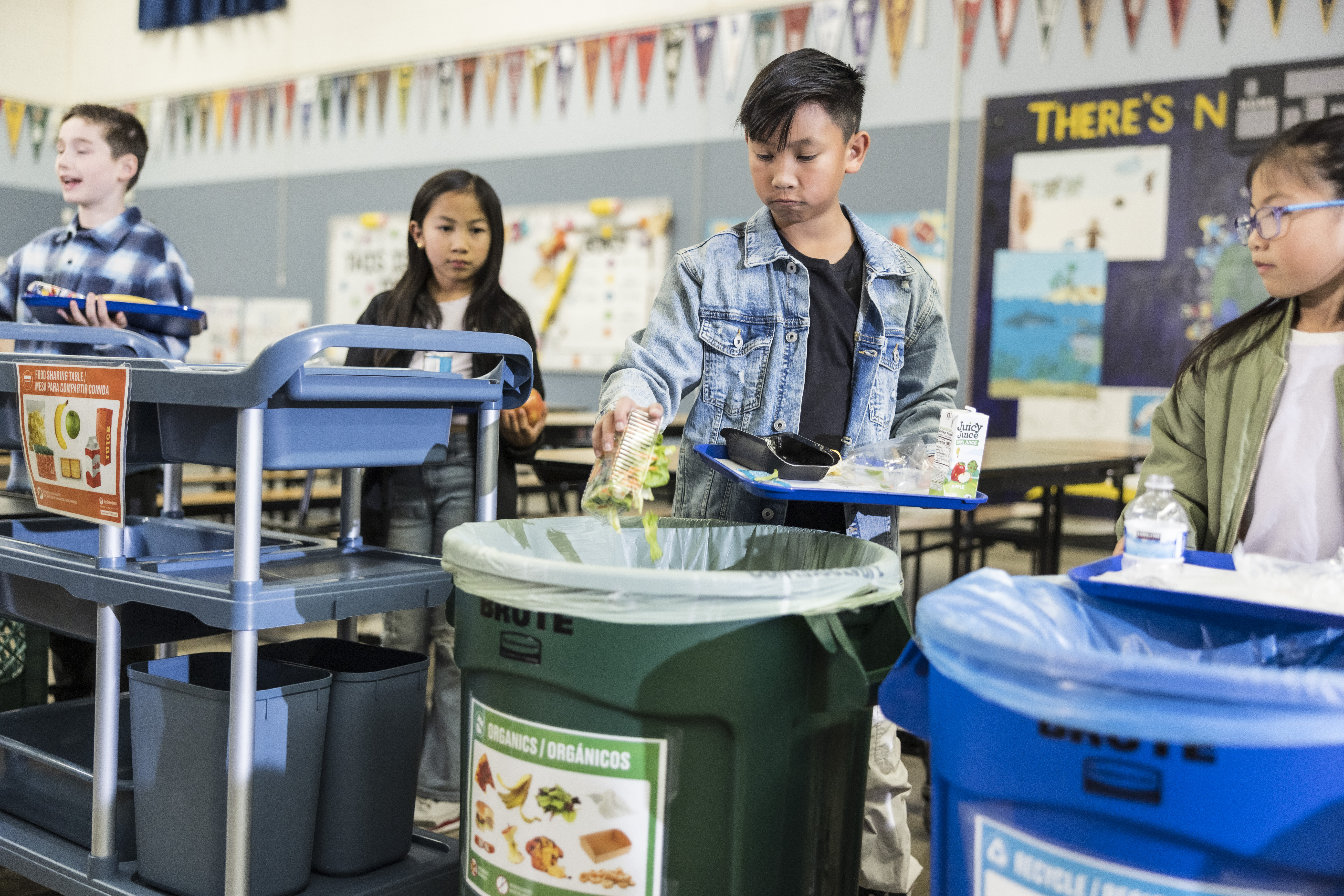 Students using a cafeteria Waste Sorting Station